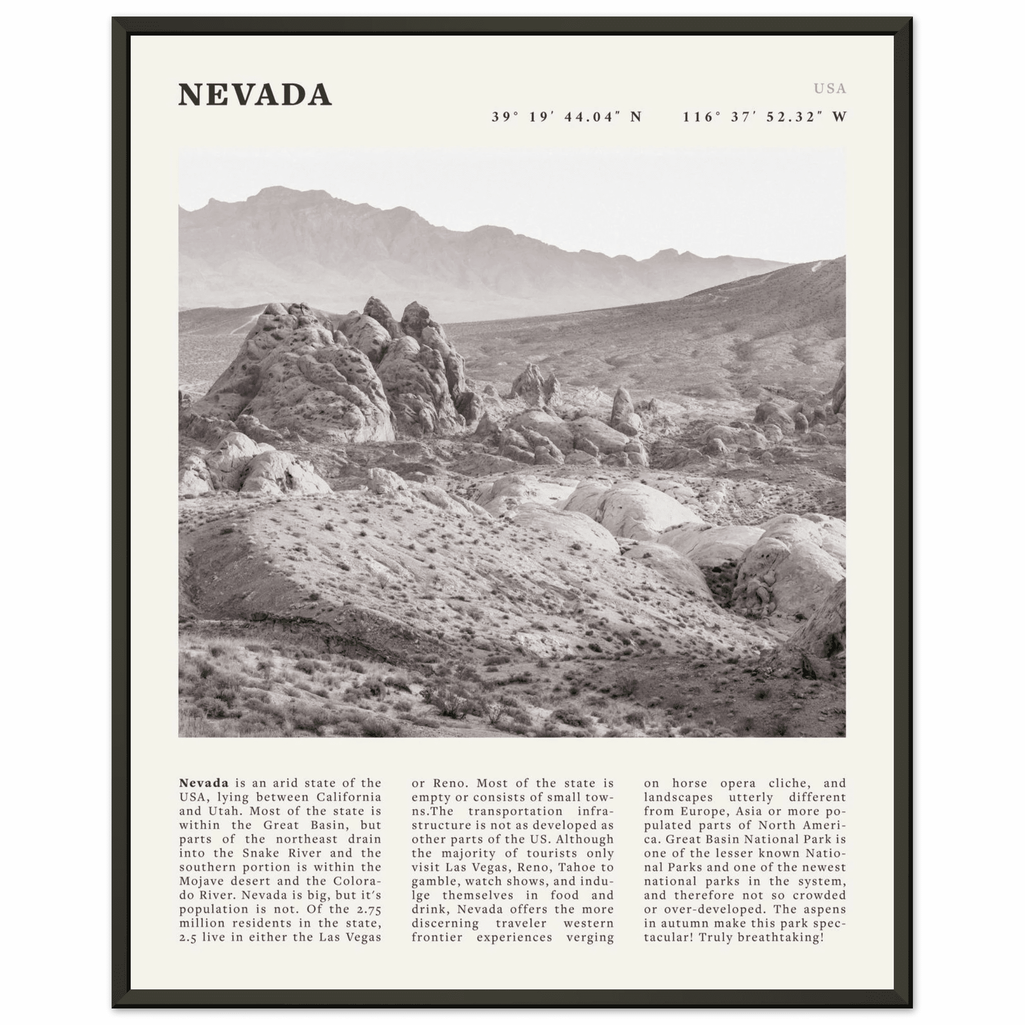 Nevada Poster | Black & White Desert Landscape Wall Art | USA Travel Print Decor - Evergreen Posters