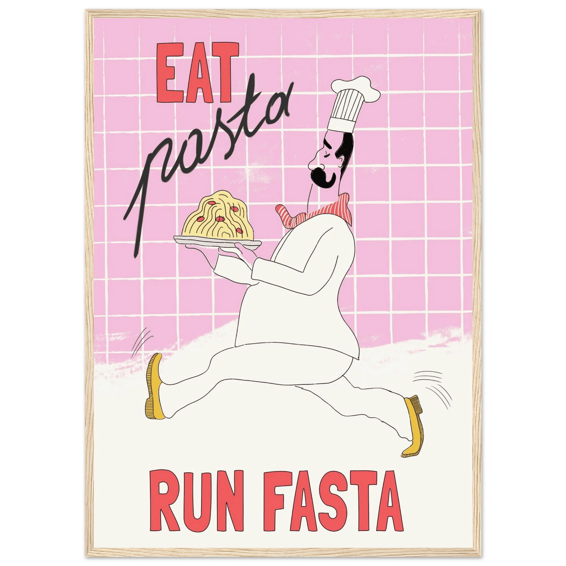 Eat Pasta Run Fasta Poster – Playful Kitchen Wall Art Print (Light Pink) - Evergreen Posters