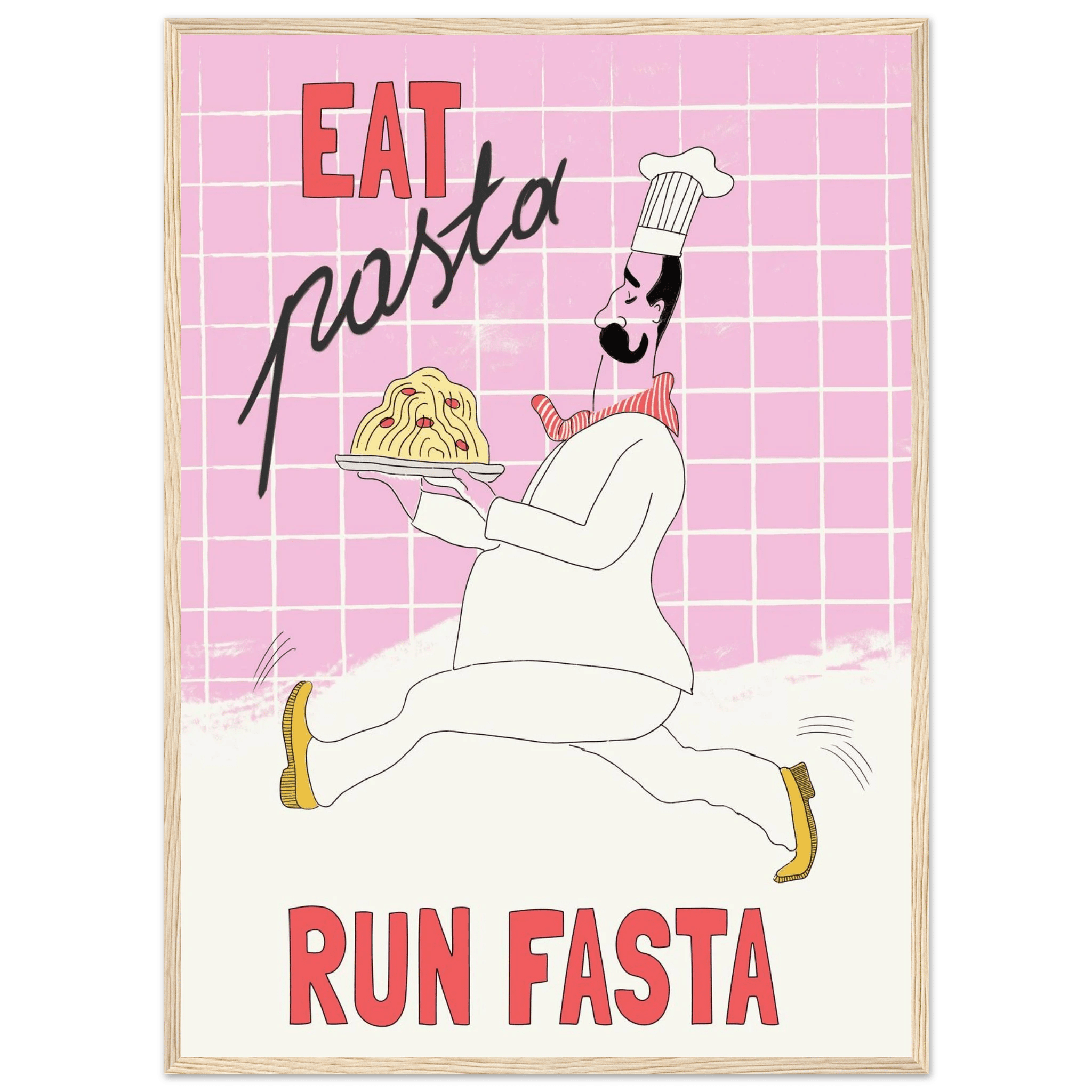 Eat Pasta Run Fasta Poster – Playful Kitchen Wall Art Print (Light Pink) - Evergreen Posters