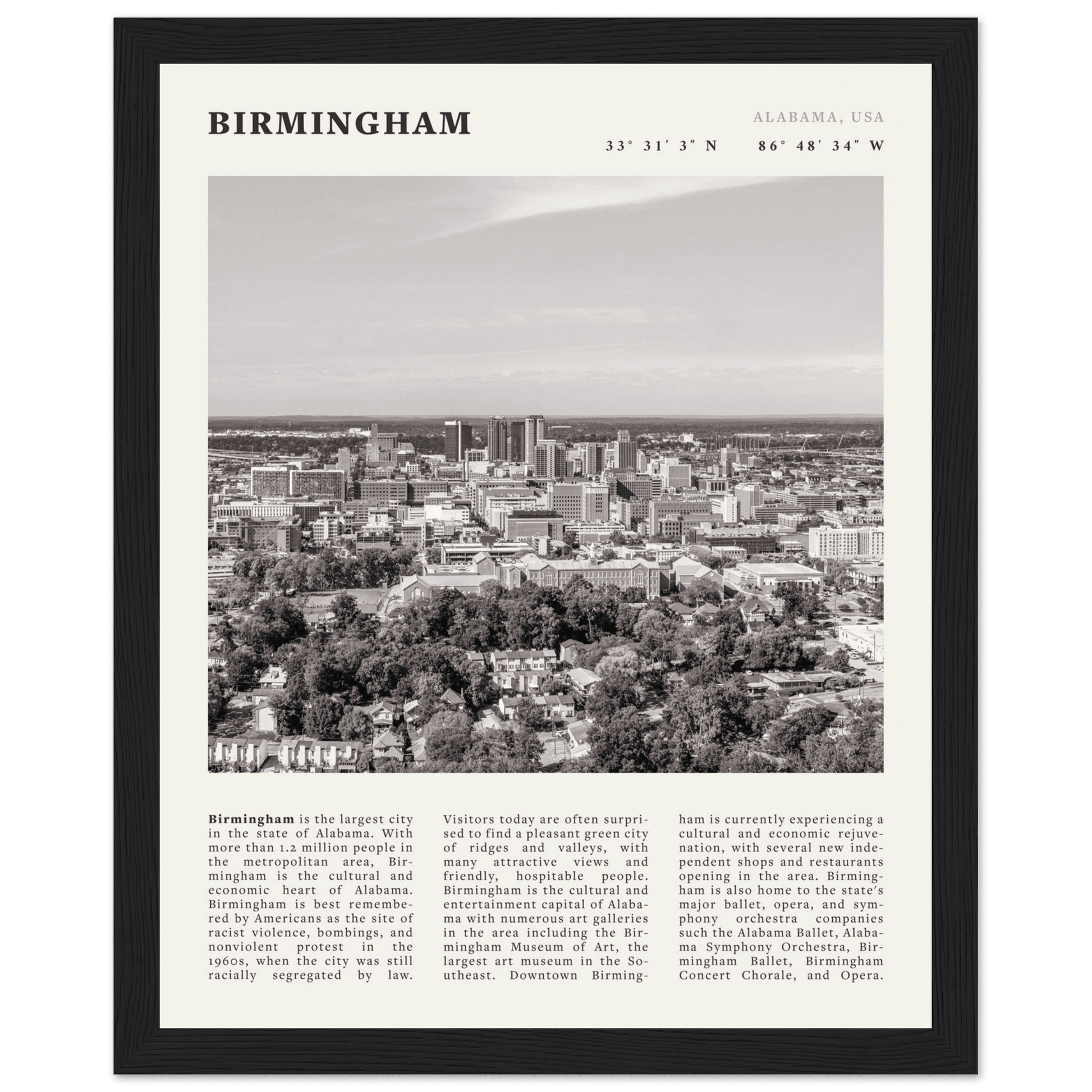Birmingham Poster | Black & White Alabama Skyline Wall Art | AL Travel Print - Evergreen Posters