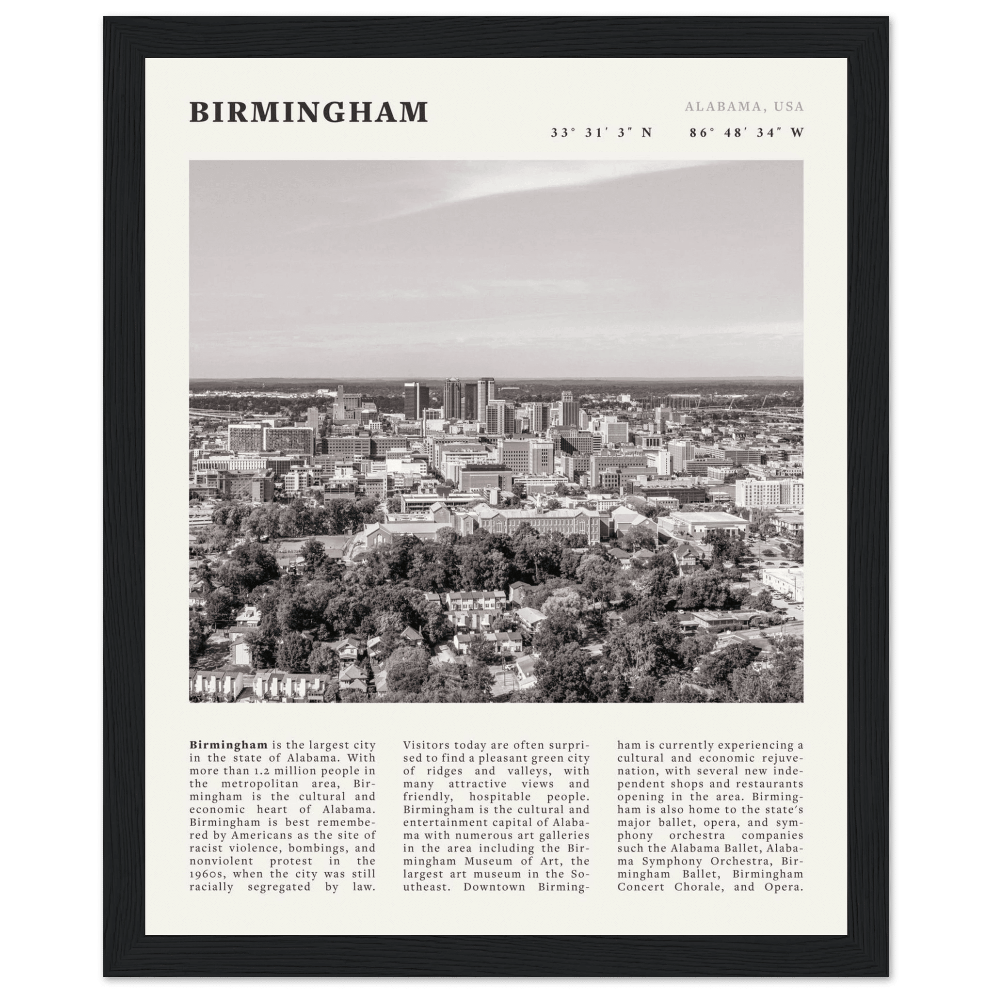 Birmingham Poster | Black & White Alabama Skyline Wall Art | AL Travel Print - Evergreen Posters
