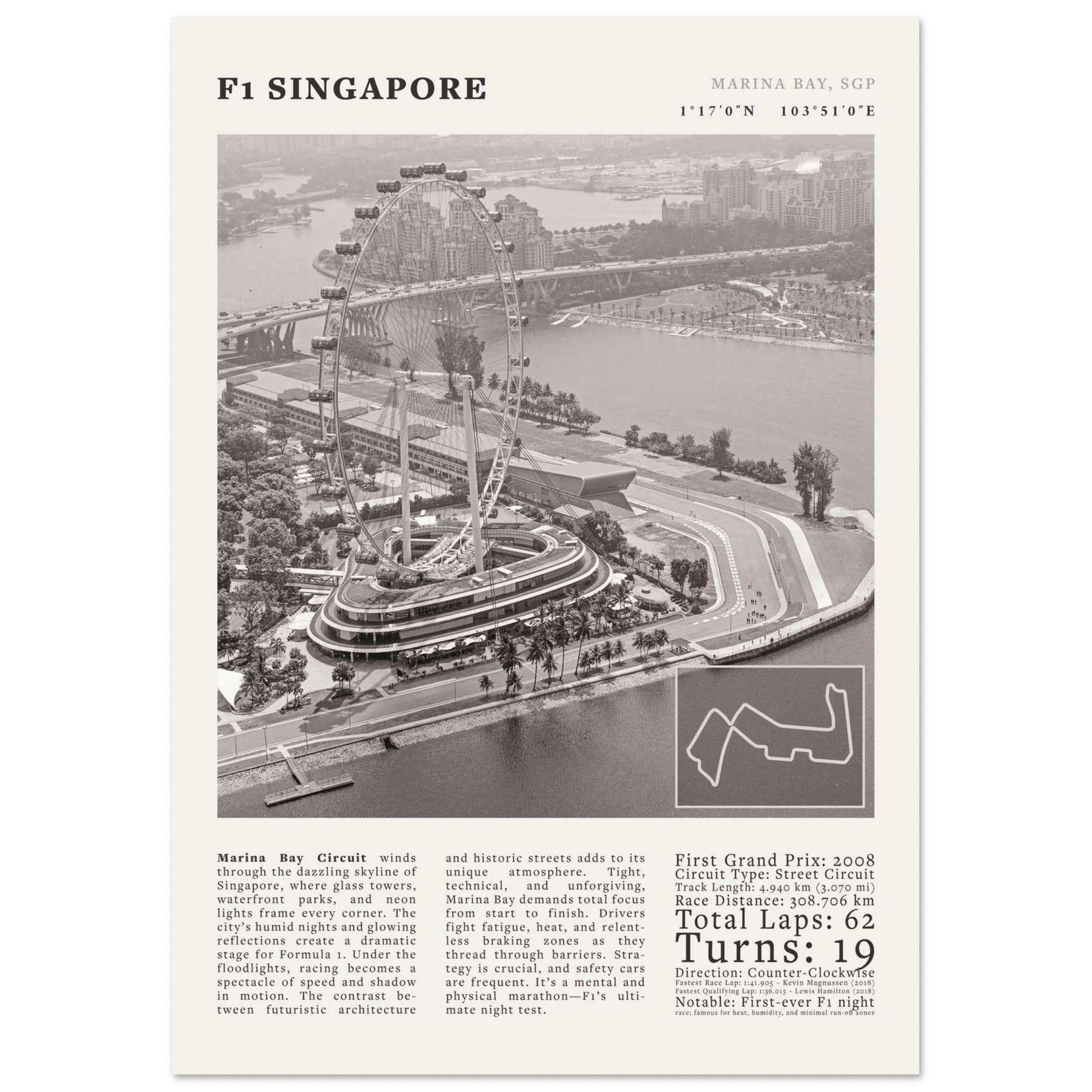 F1 Singapore Poster Black and White – Vintage Marina Bay Night Race Print (Digital & Printed Options) - Evergreen Posters