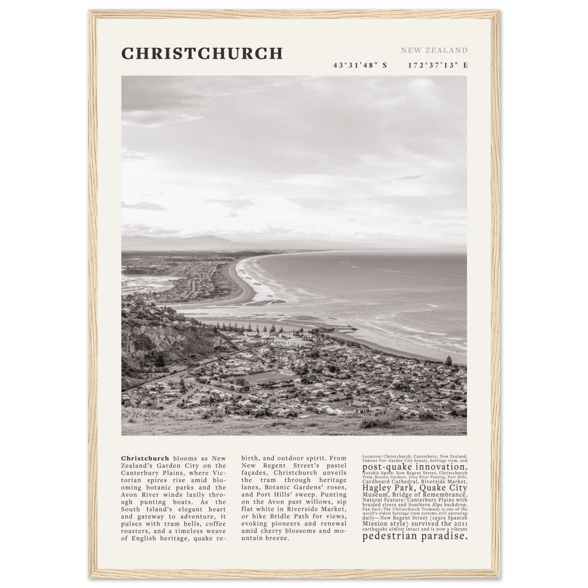 Christchurch New Zealand Poster Black and White – Vintage Garden City Panorama Print - Evergreen Posters