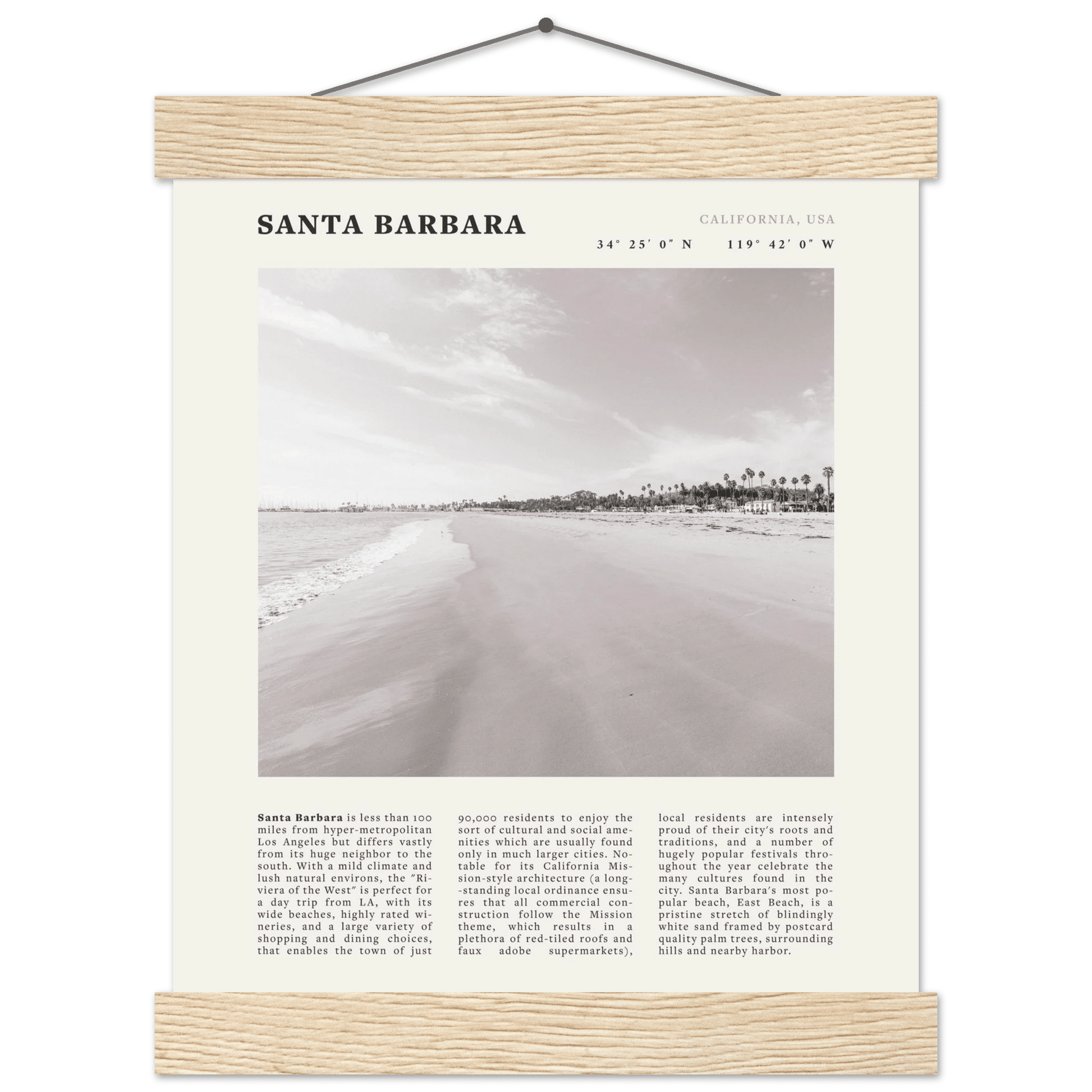 Santa Barbara Poster | Black & White California Beach Wall Art | CA Travel Print - Evergreen Posters