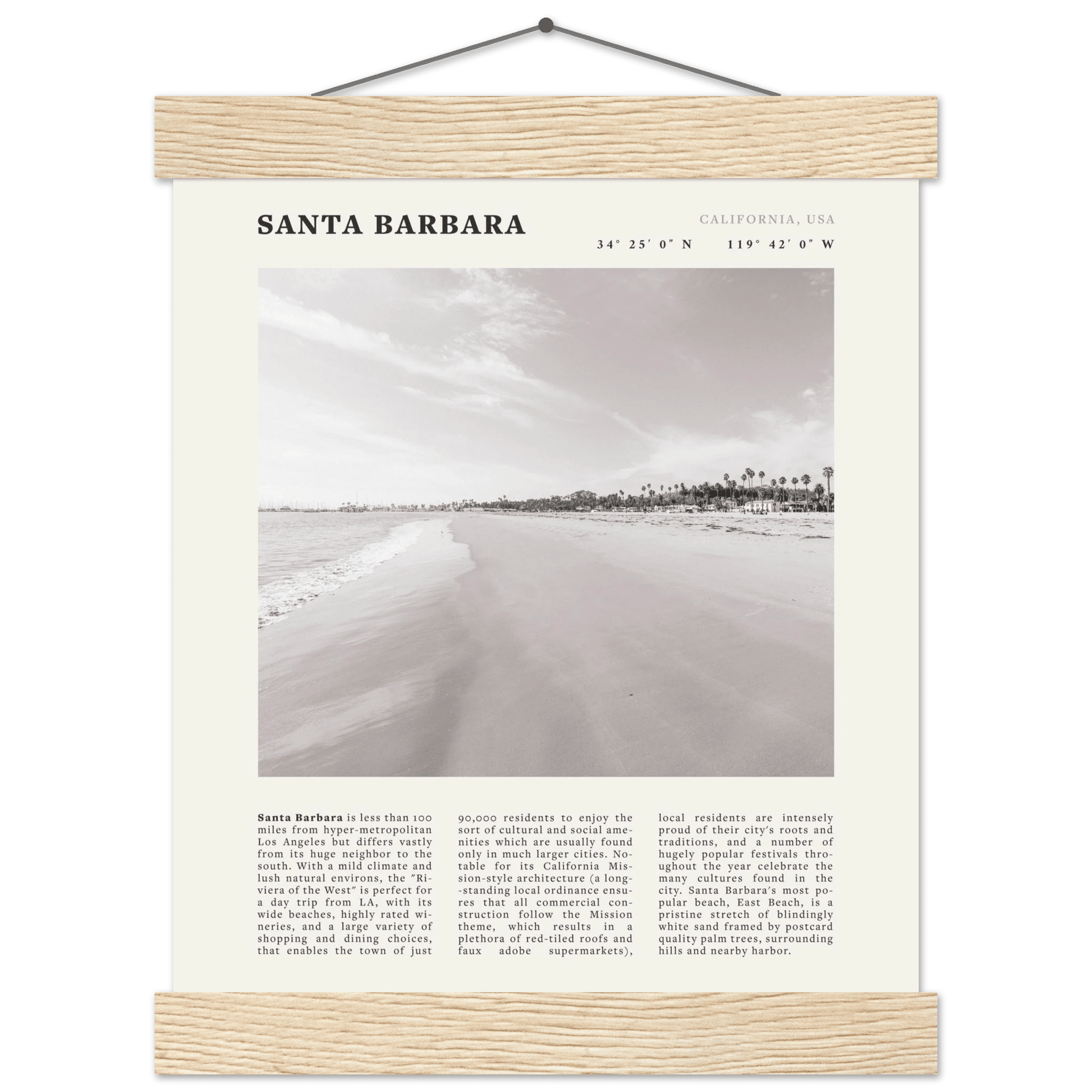 Santa Barbara Poster | Black & White California Beach Wall Art | CA Travel Print - Evergreen Posters