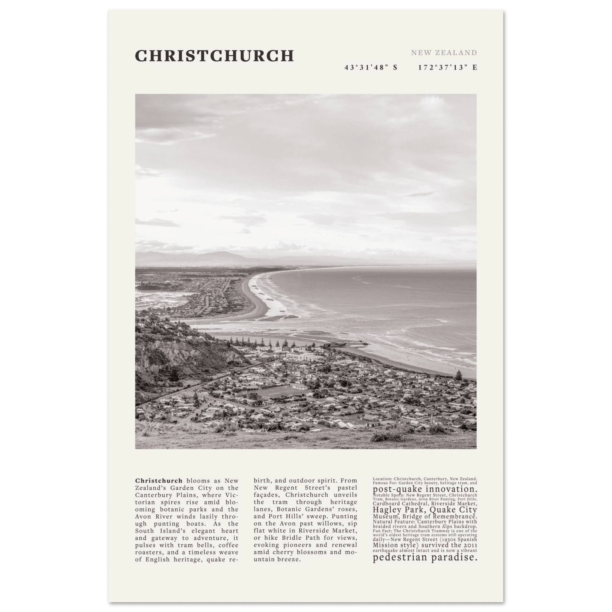 Christchurch New Zealand Poster Black and White – Vintage Garden City Panorama Print - Evergreen Posters