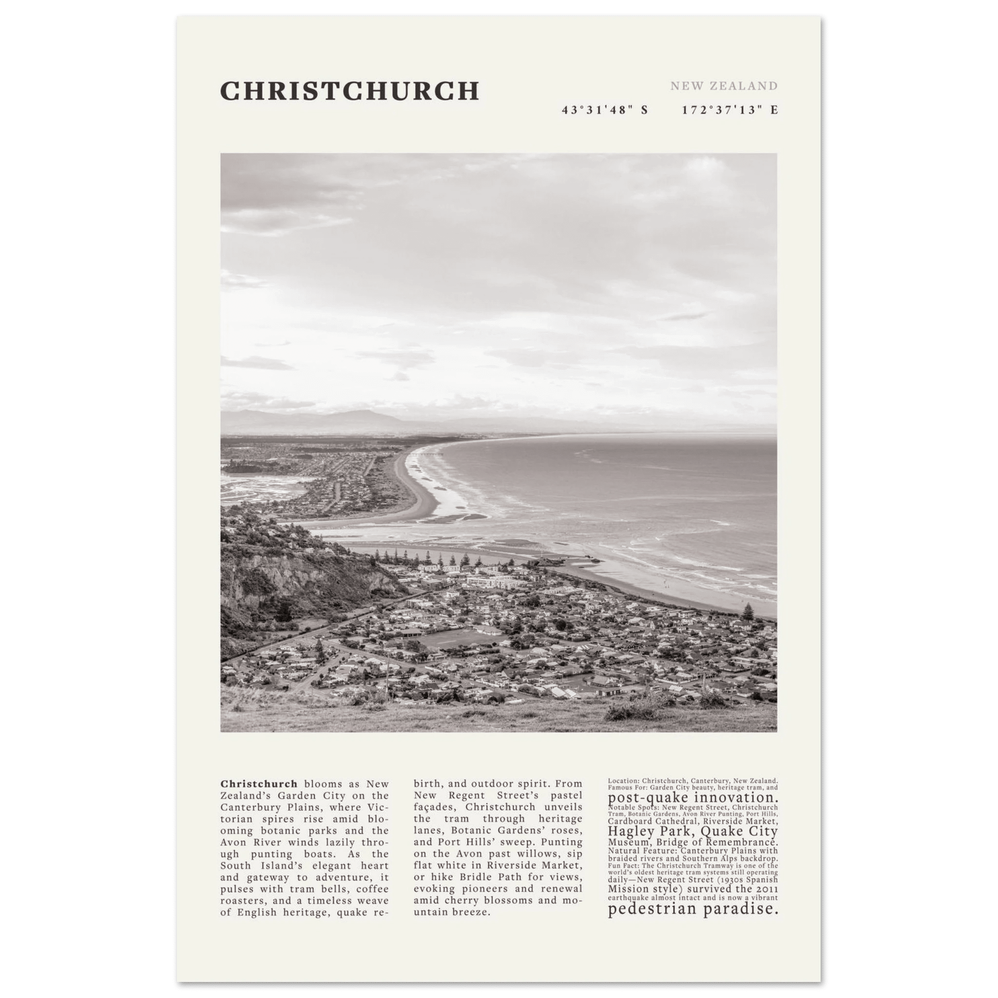 Christchurch New Zealand Poster Black and White – Vintage Garden City Panorama Print - Evergreen Posters