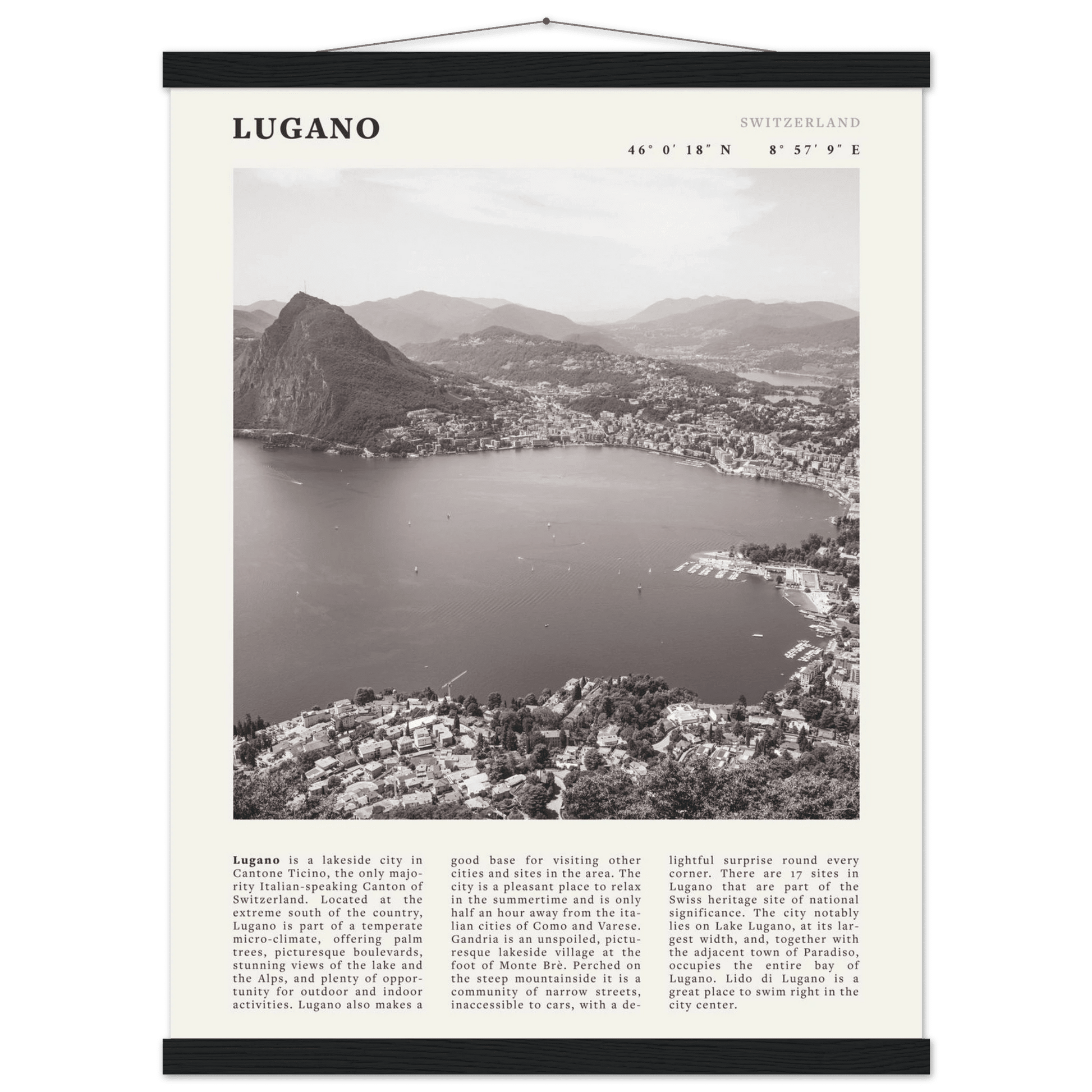 Lugano Poster | Black & White Swiss Lake Wall Art | Switzerland Travel Print - Evergreen Posters