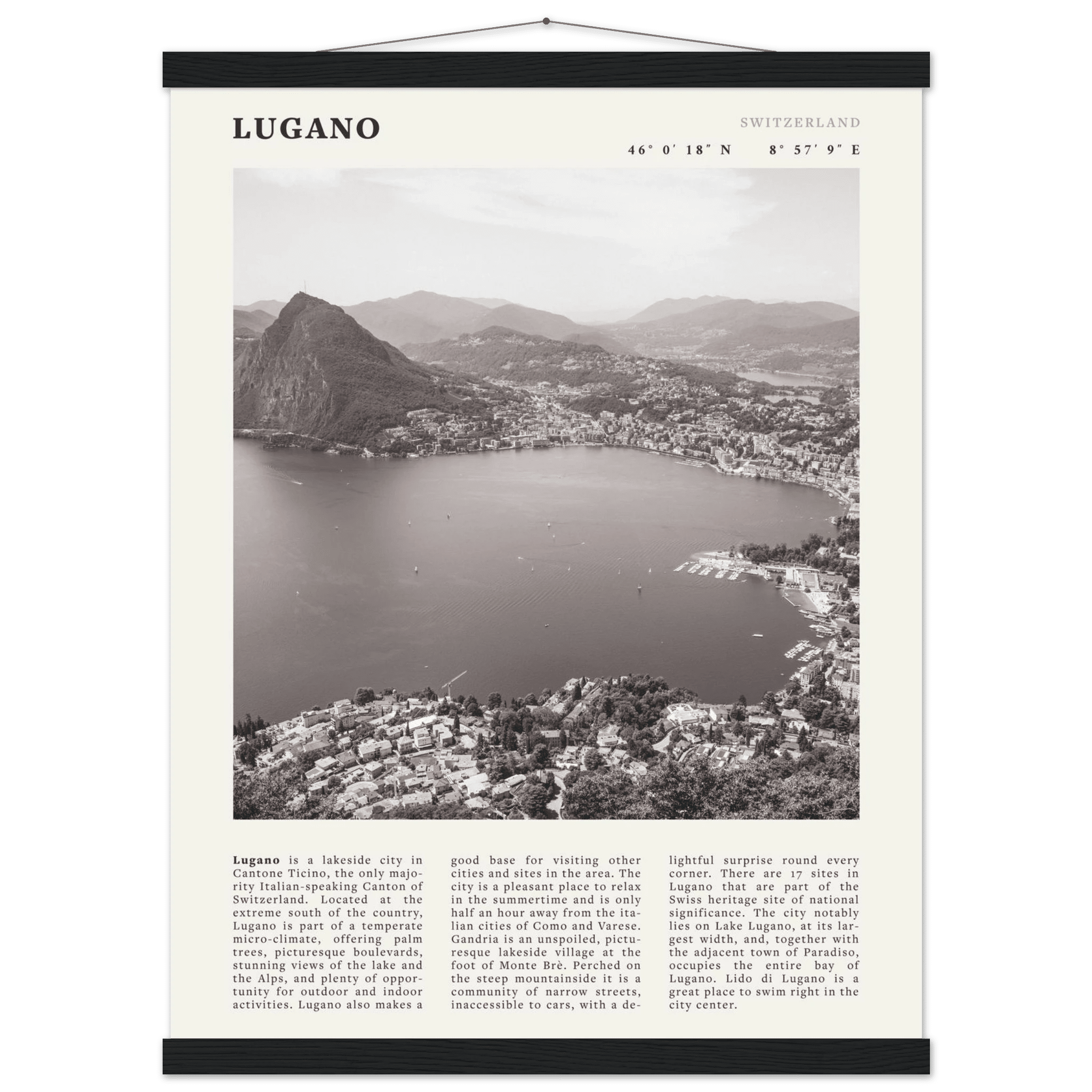 Lugano Poster | Black & White Swiss Lake Wall Art | Switzerland Travel Print - Evergreen Posters