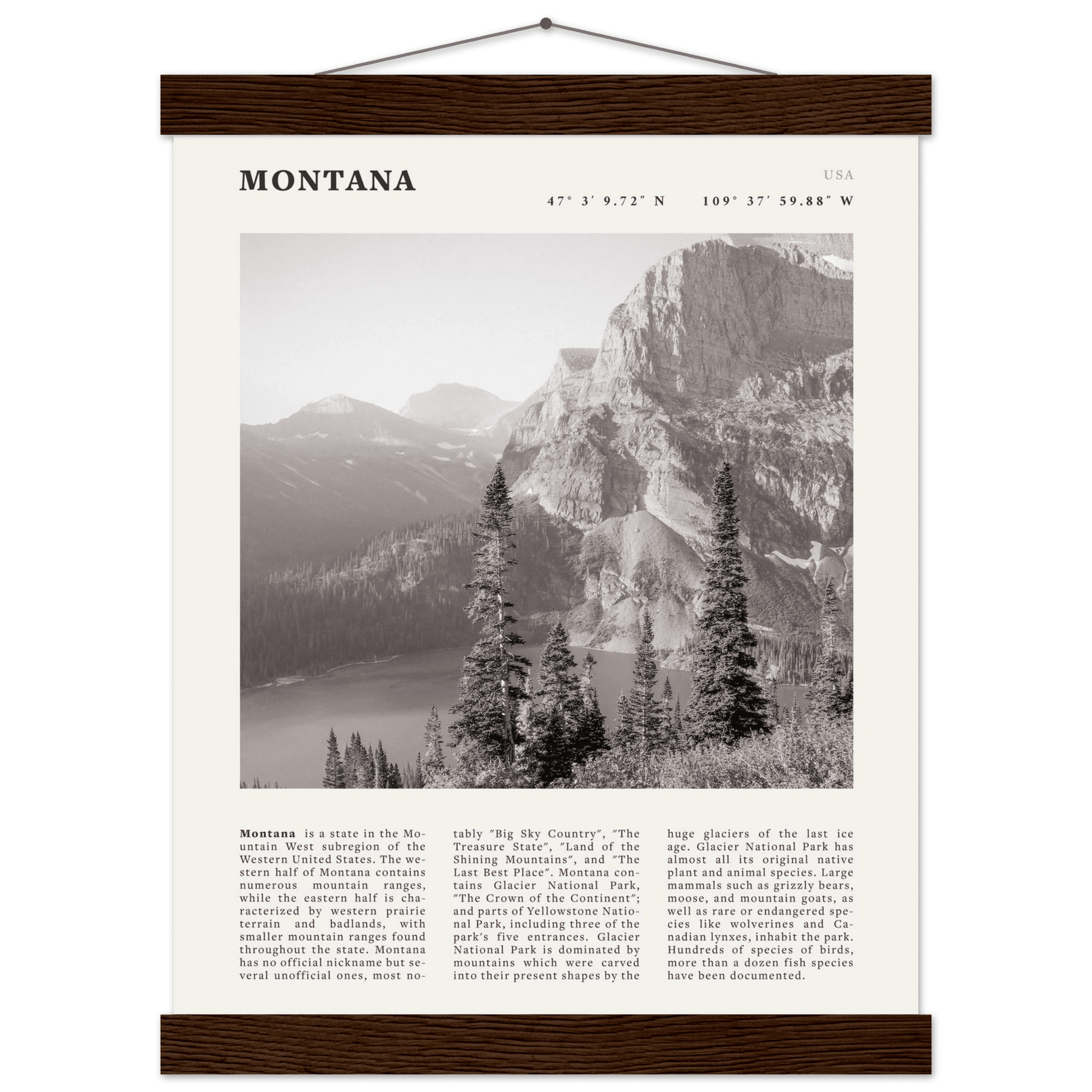 Montana Poster | Black & White Glacier National Park Wall Art | Nature Travel Print - Evergreen Posters