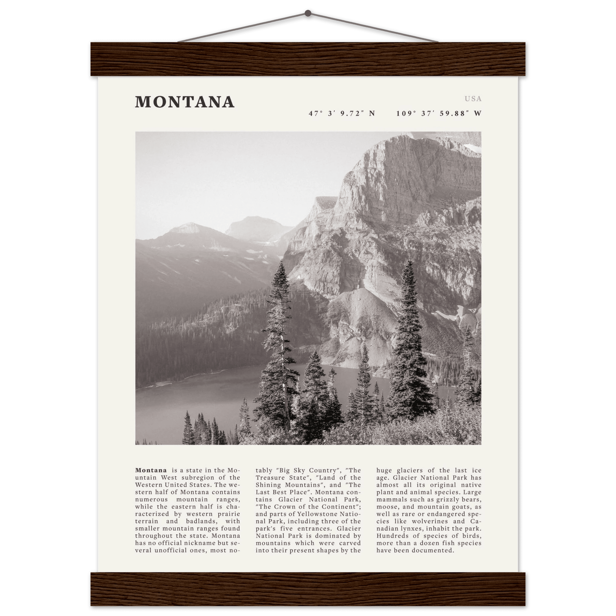 Montana Poster | Black & White Glacier National Park Wall Art | Nature Travel Print - Evergreen Posters