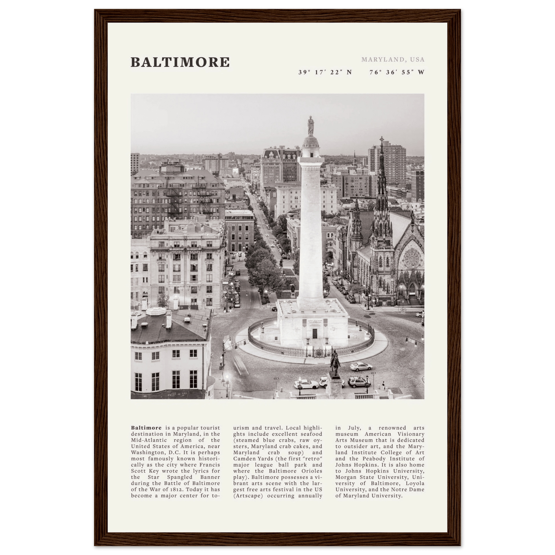 Baltimore Poster | Black & White Maryland City Wall Art | USA Travel Print - Evergreen Posters