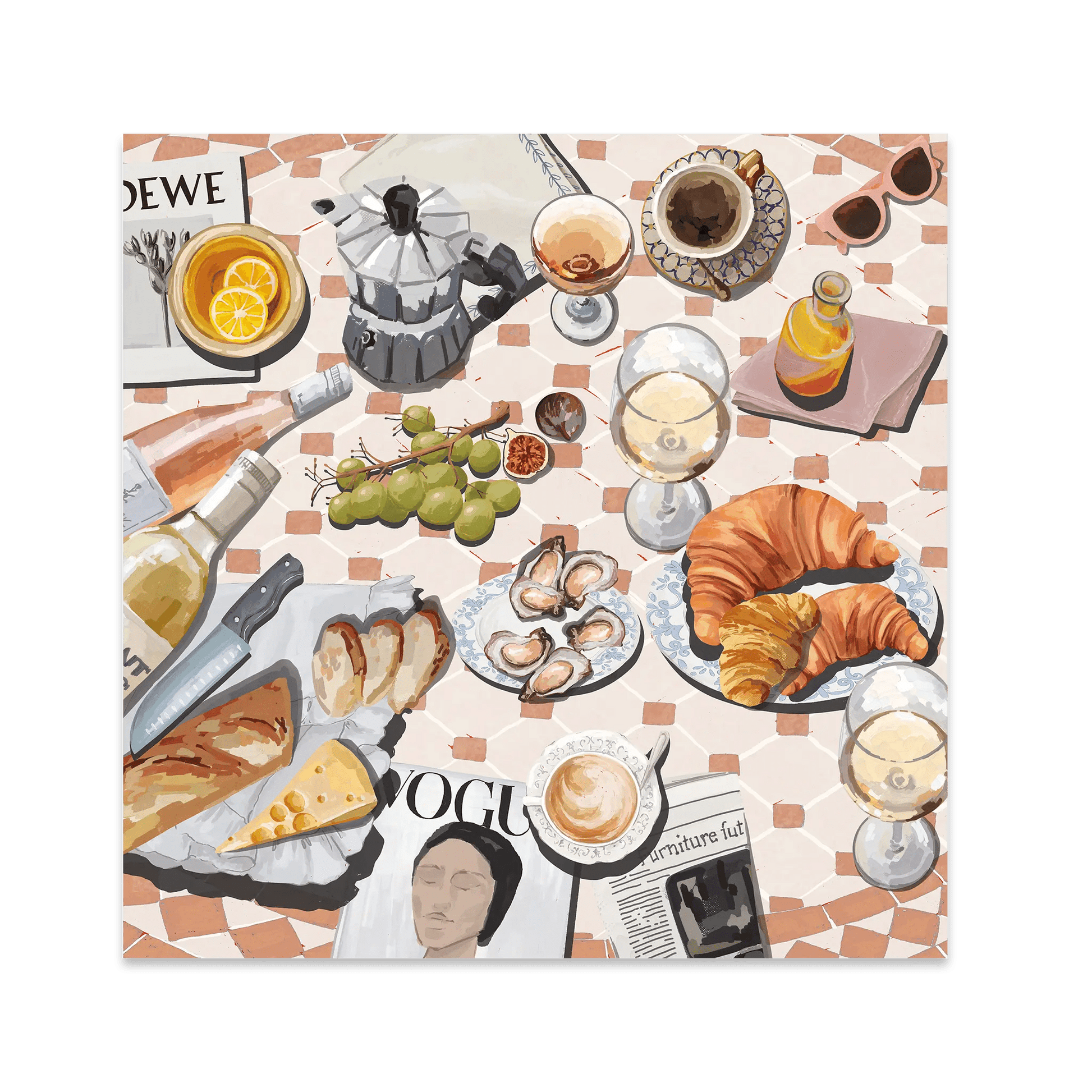 French Brunch Poster | Kitchen Decor Food Wall Art | Croissant & Coffee Square Print - Evergreen Posters - 1