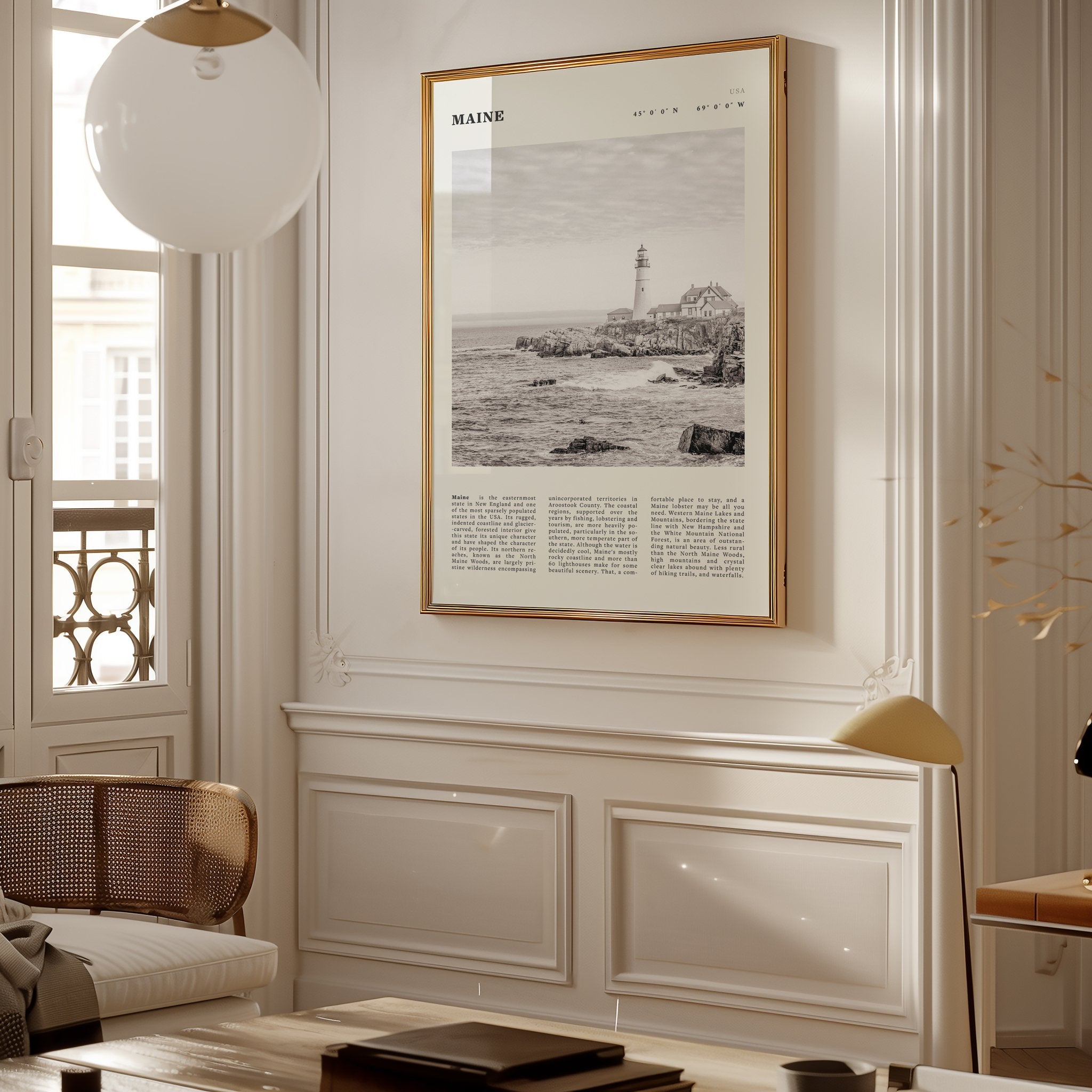 Maine Poster | Black & White Lighthouse Wall Art | New England Coastal Travel Print - Evergreen Posters