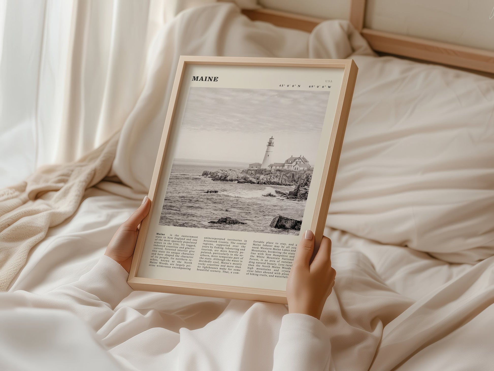Maine Poster | Black & White Lighthouse Wall Art | New England Coastal Travel Print - Evergreen Posters