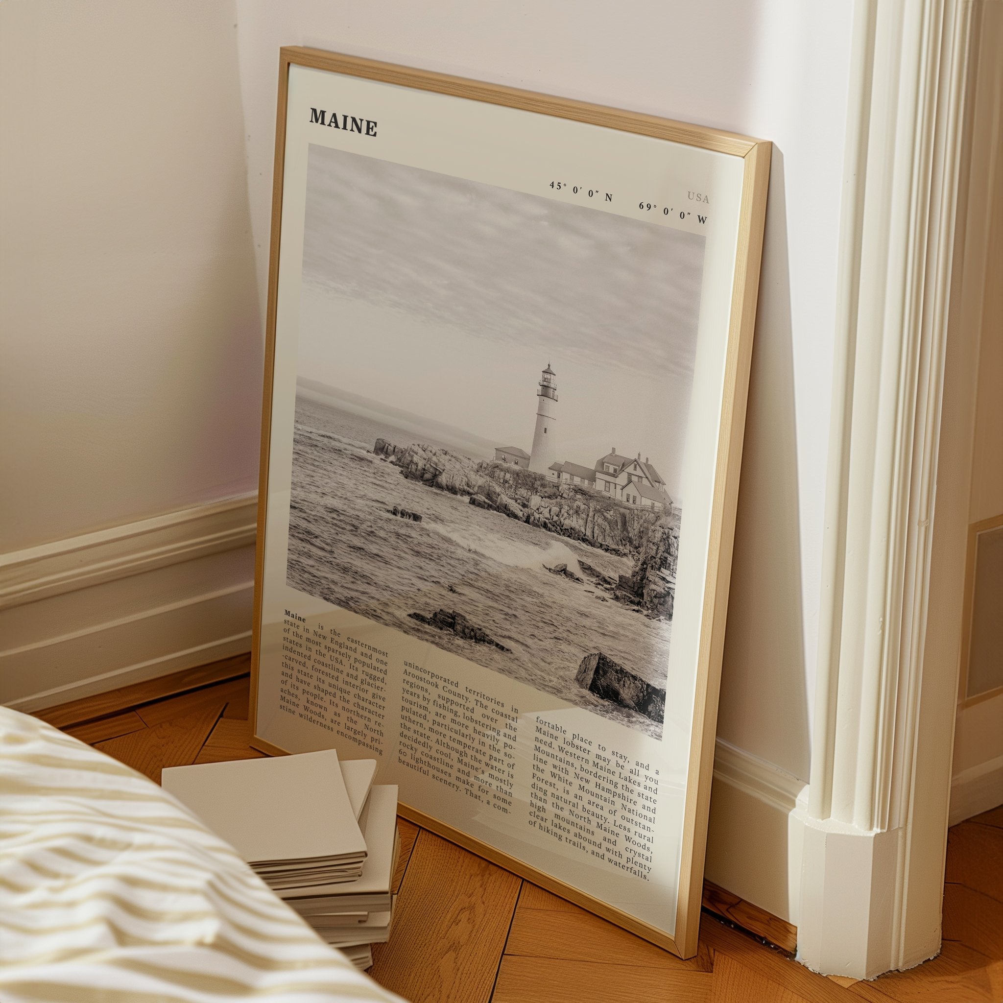 Maine Poster | Black & White Lighthouse Wall Art | New England Coastal Travel Print - Evergreen Posters