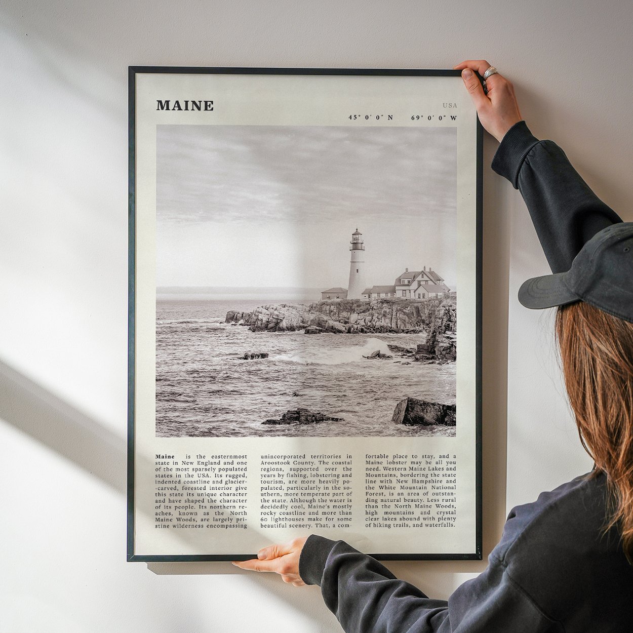 Maine Poster | Black & White Lighthouse Wall Art | New England Coastal Travel Print - Evergreen Posters