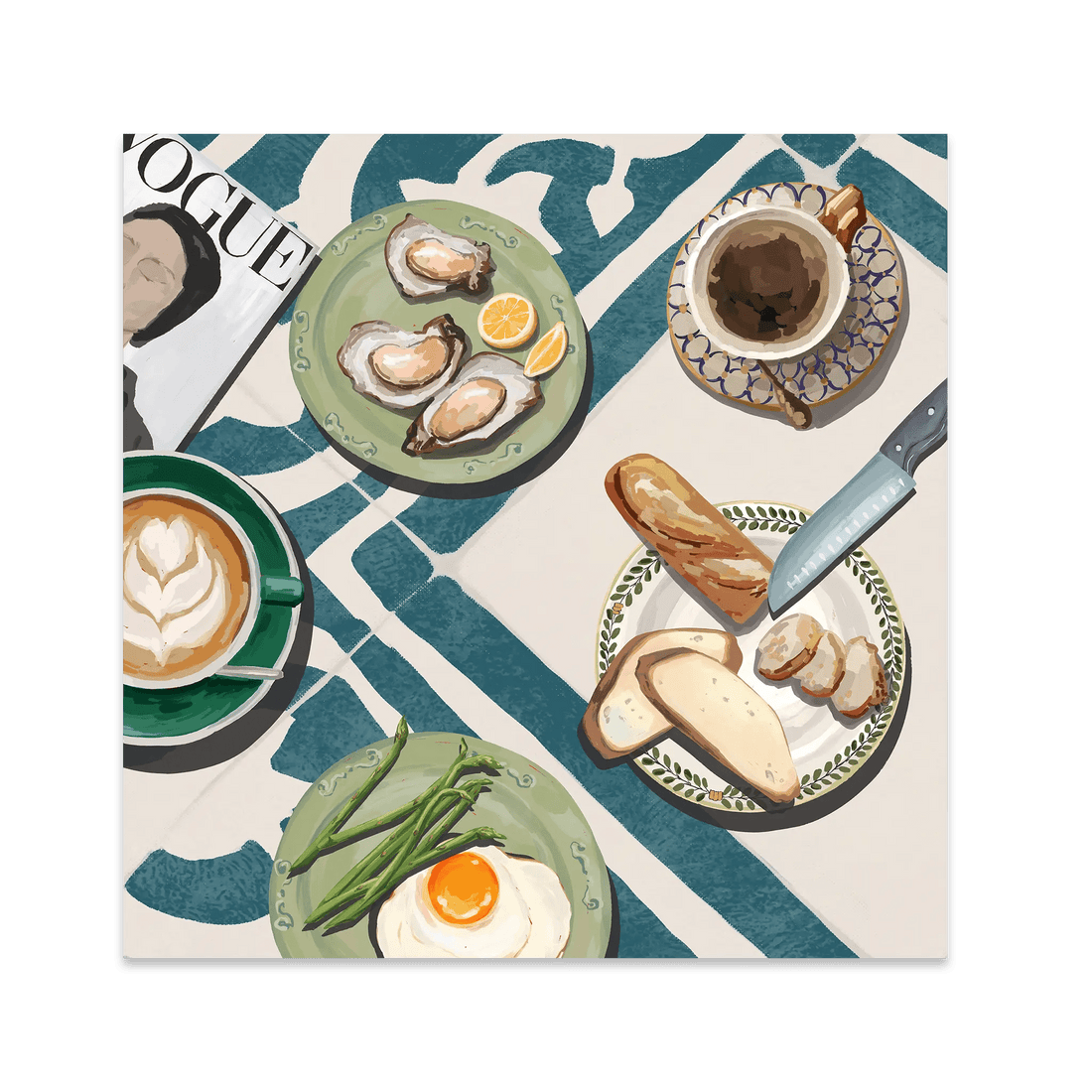 Oysters & Vogue Brunch Poster | Luxury Kitchen Wall Art | Blue Tile Square Print - Evergreen Posters - 1