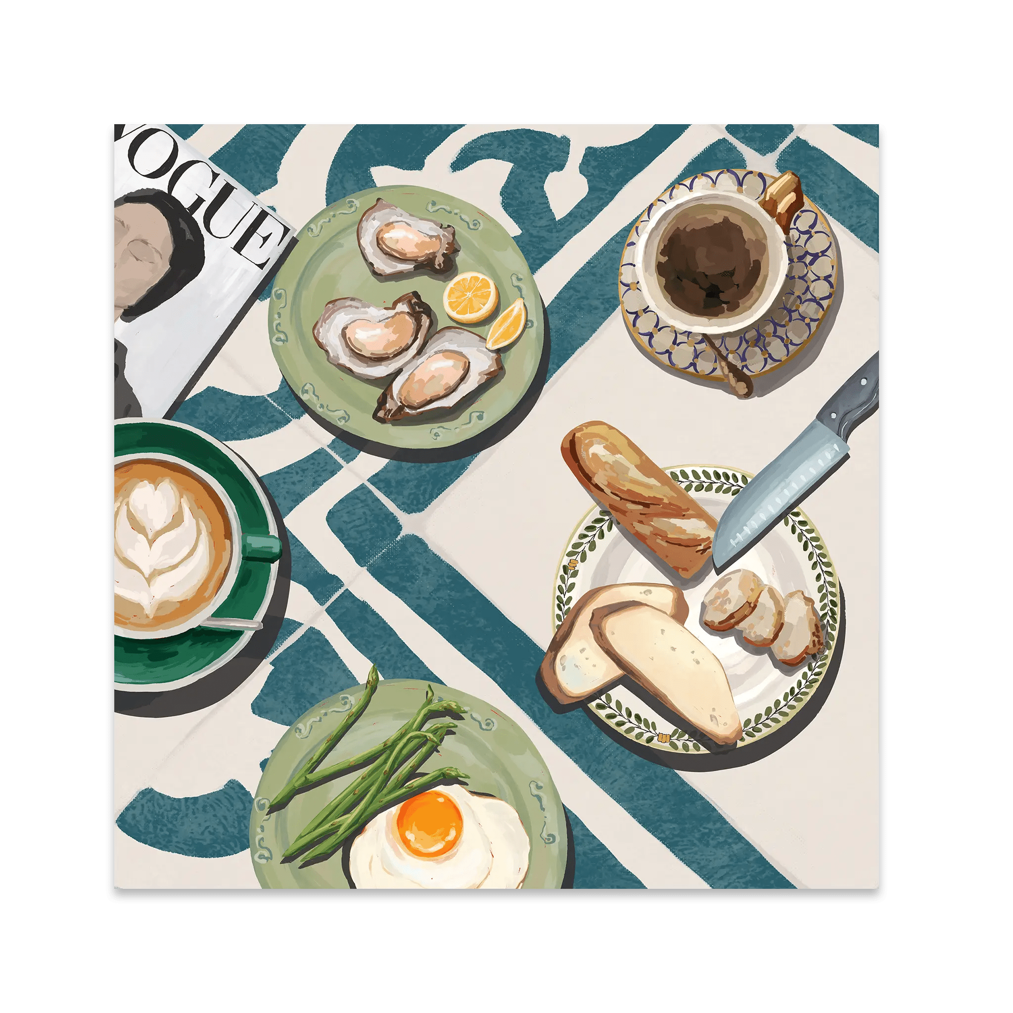 Oysters & Vogue Brunch Poster | Luxury Kitchen Wall Art | Blue Tile Square Print - Evergreen Posters - 1