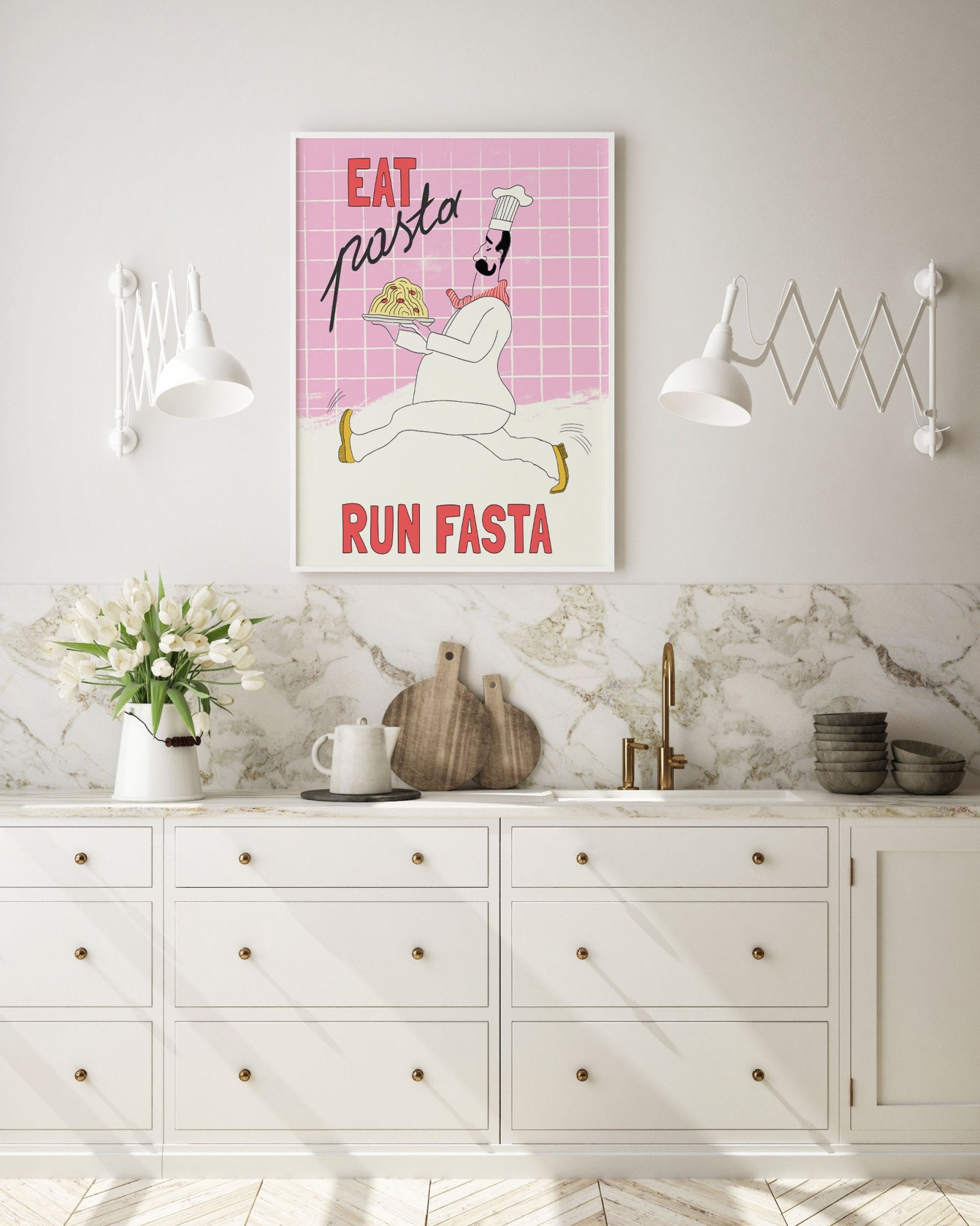 Eat Pasta Run Fasta Poster – Playful Kitchen Wall Art Print (Light Pink) - Evergreen Posters