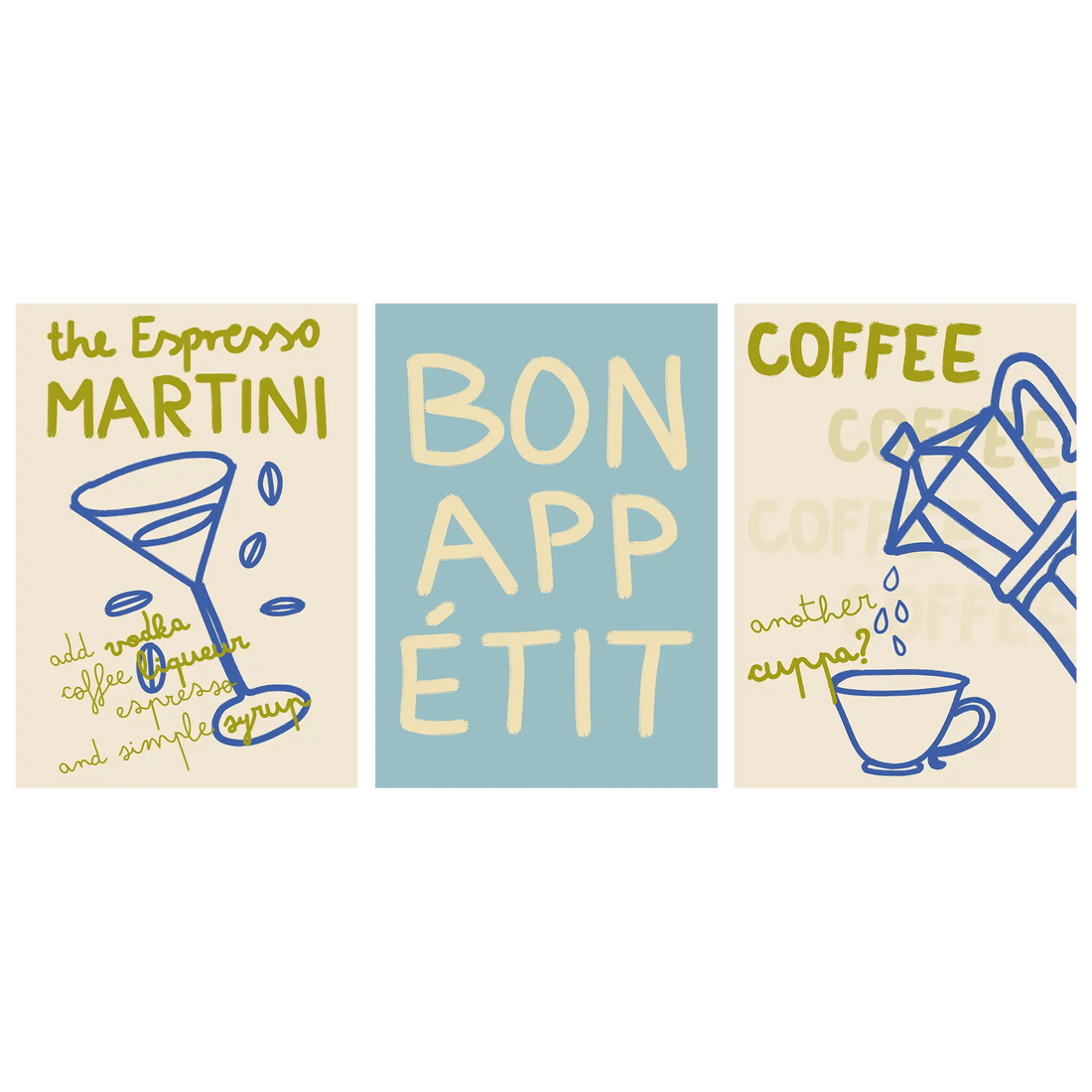 Kitchen Poster Set of 3 | Espresso Martini, Bon Appétit & Coffee Wall Art Prints - Evergreen Posters