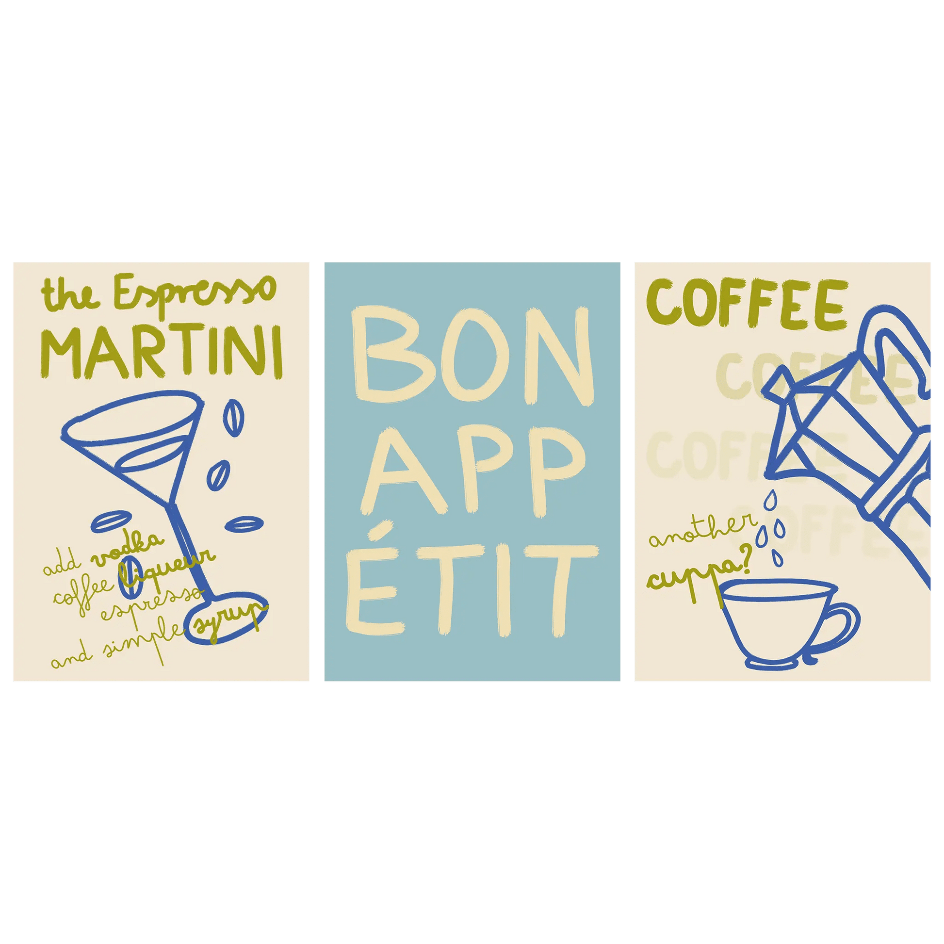 Kitchen Poster Set of 3 | Espresso Martini, Bon Appétit & Coffee Wall Art Prints - Evergreen Posters
