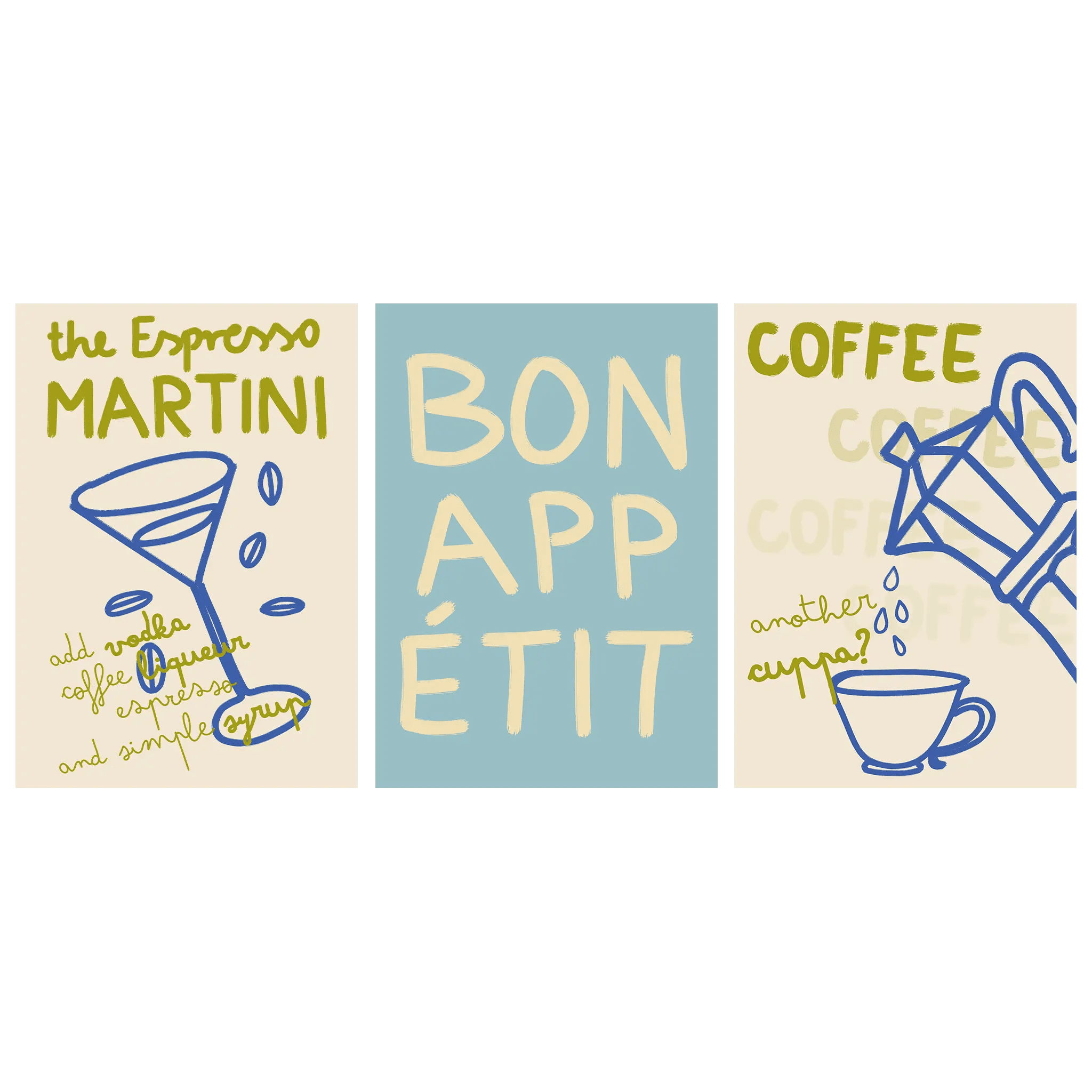 Kitchen Poster Set of 3 | Espresso Martini, Bon Appétit & Coffee Wall Art Prints - Evergreen Posters