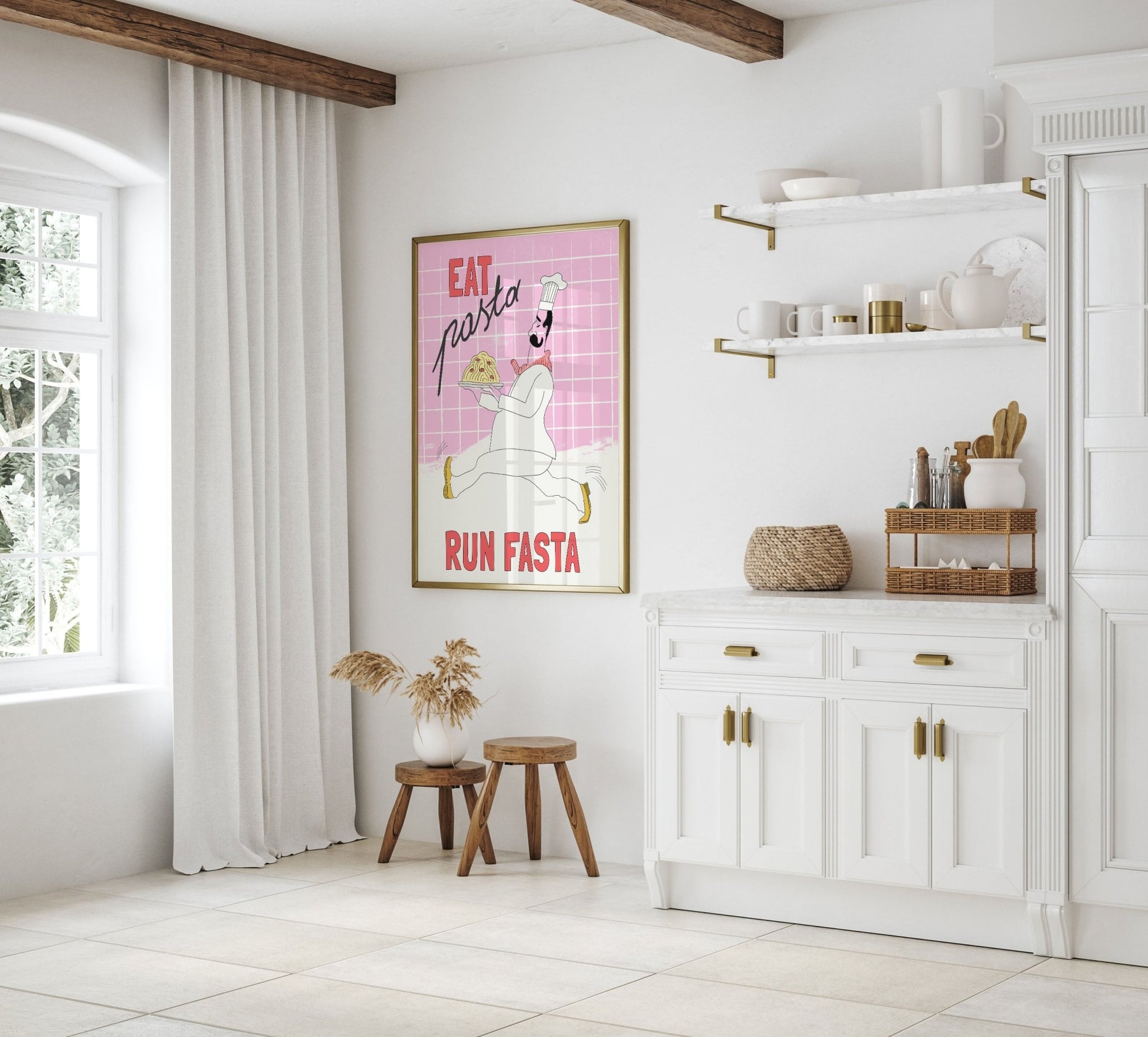 Eat Pasta Run Fasta Poster – Playful Kitchen Wall Art Print (Light Pink) - Evergreen Posters