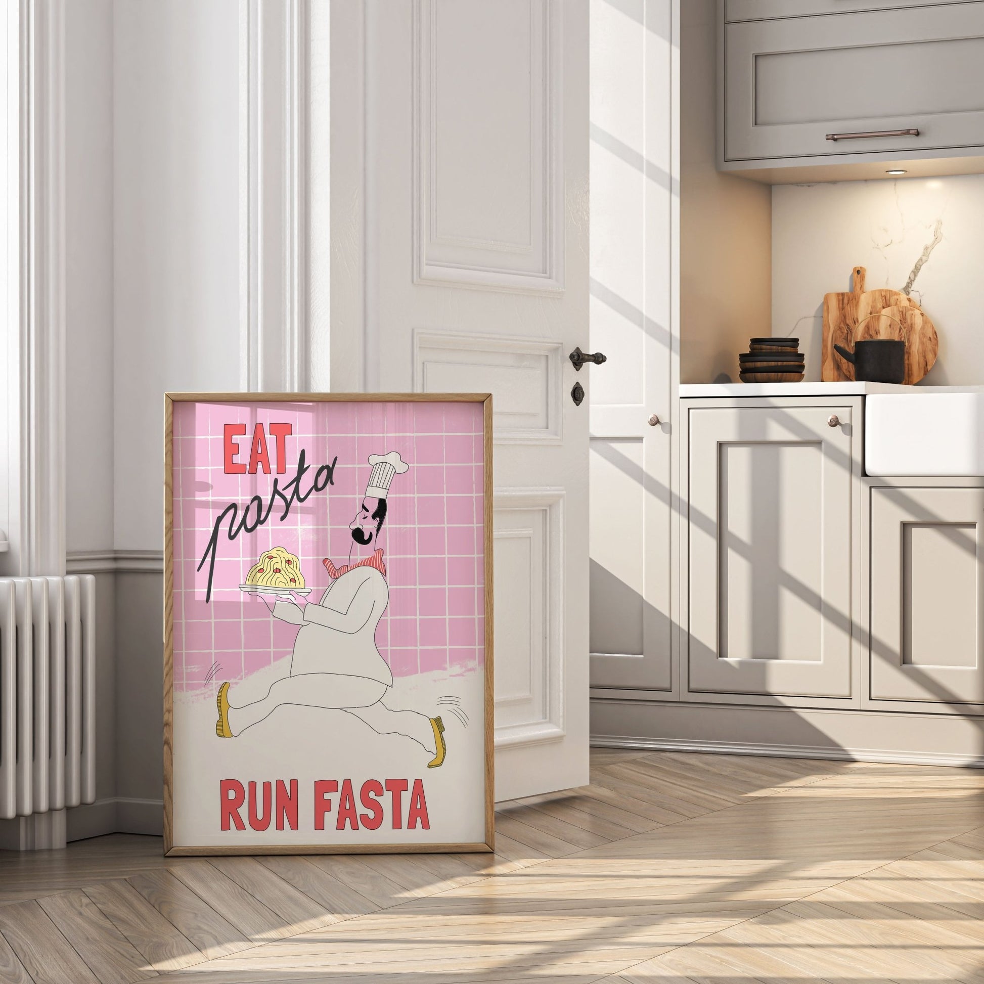 Eat Pasta Run Fasta Poster – Playful Kitchen Wall Art Print (Light Pink) - Evergreen Posters