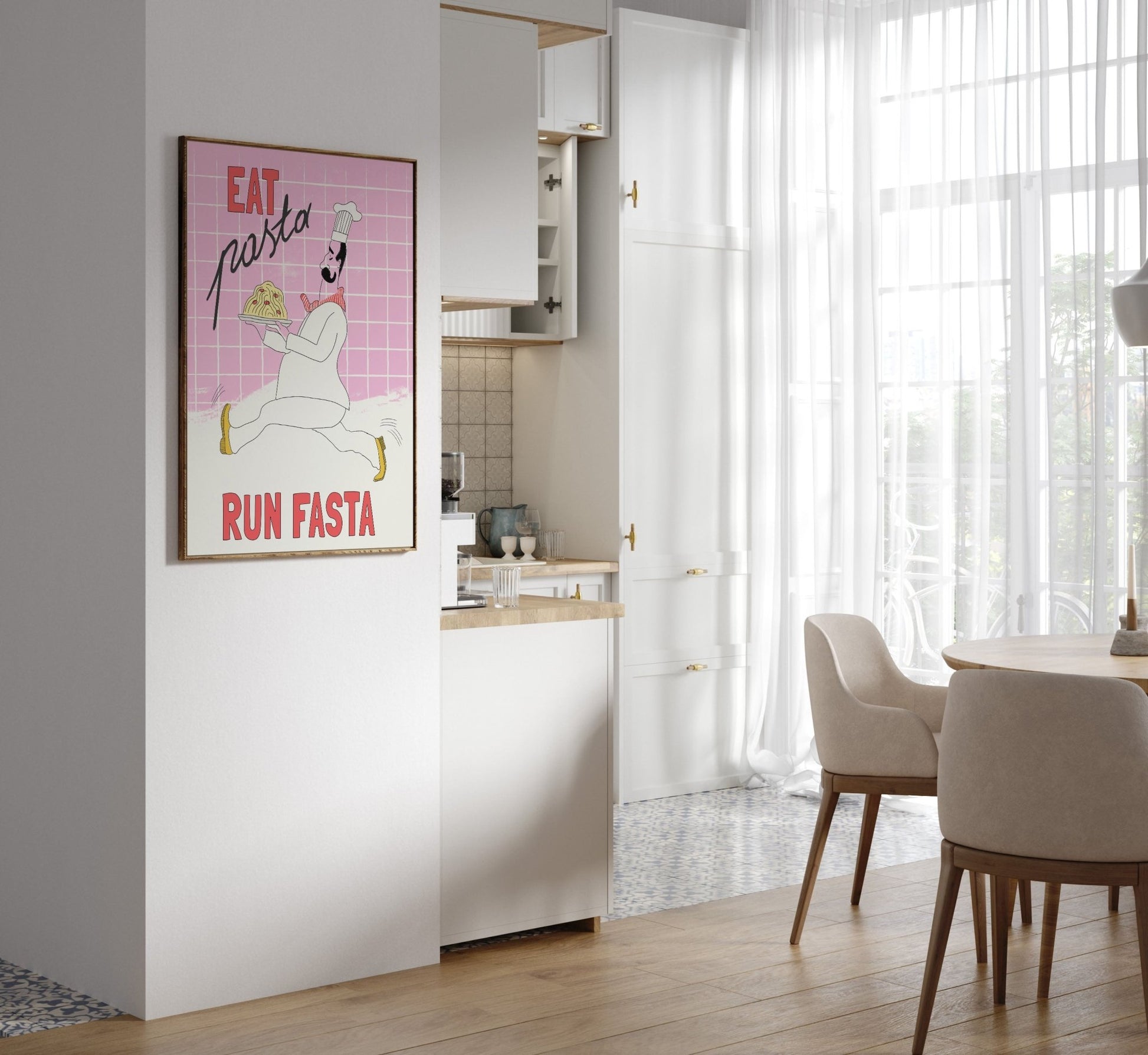 Eat Pasta Run Fasta Poster – Playful Kitchen Wall Art Print (Light Pink) - Evergreen Posters