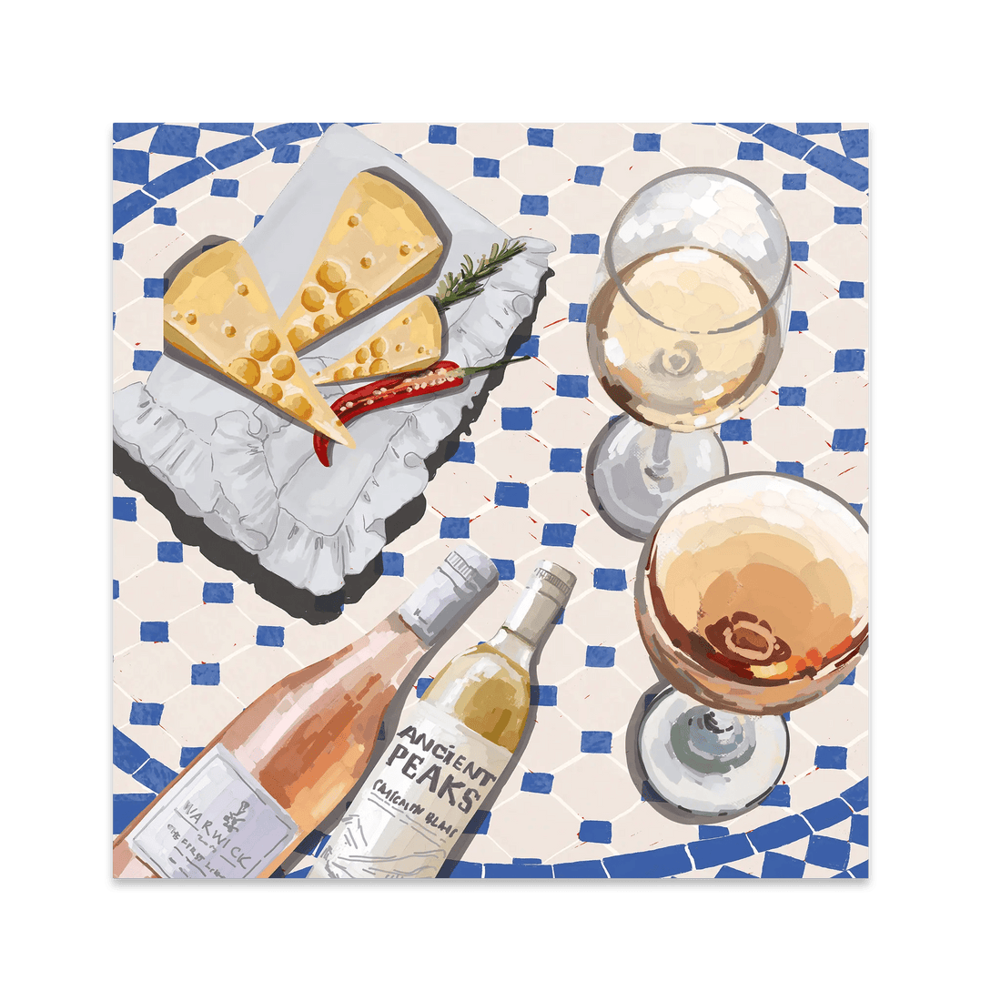 Wine & Cheese Poster | Food Wall Art | Blue Tile Square Kitchen Print - Evergreen Posters - 1